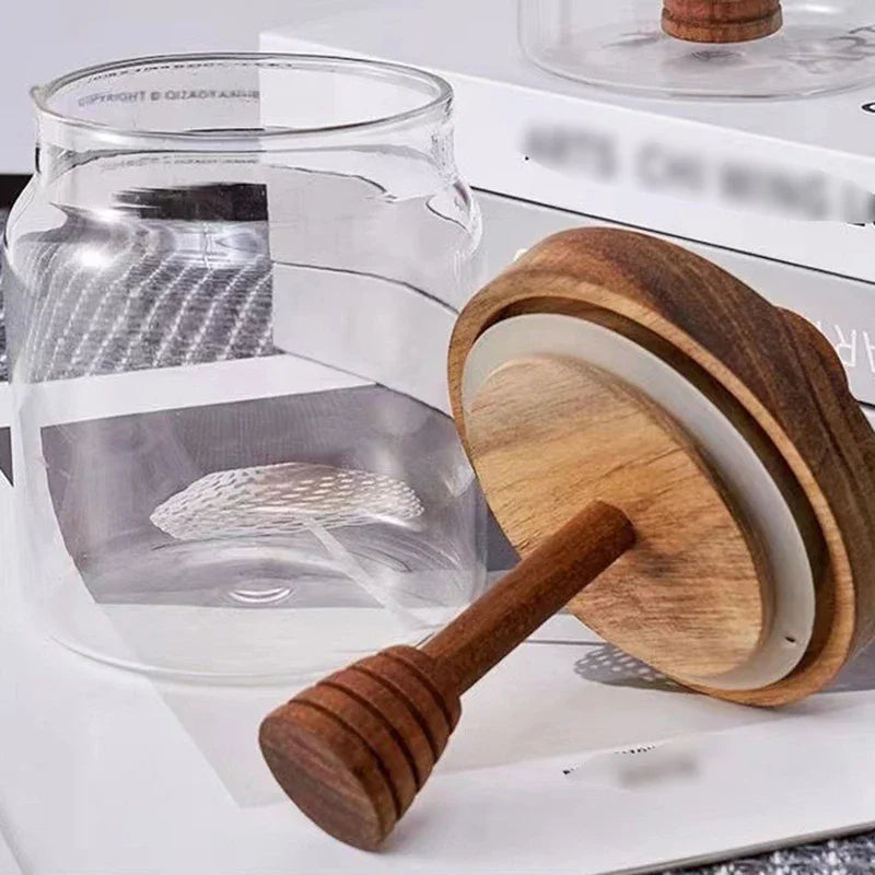 Honey Jar High Borosilicate Glass Sealed Tank with Wooden Lid Mixing Rod Wood Dip Sticks Transparent Honey Sealed Storage Jars